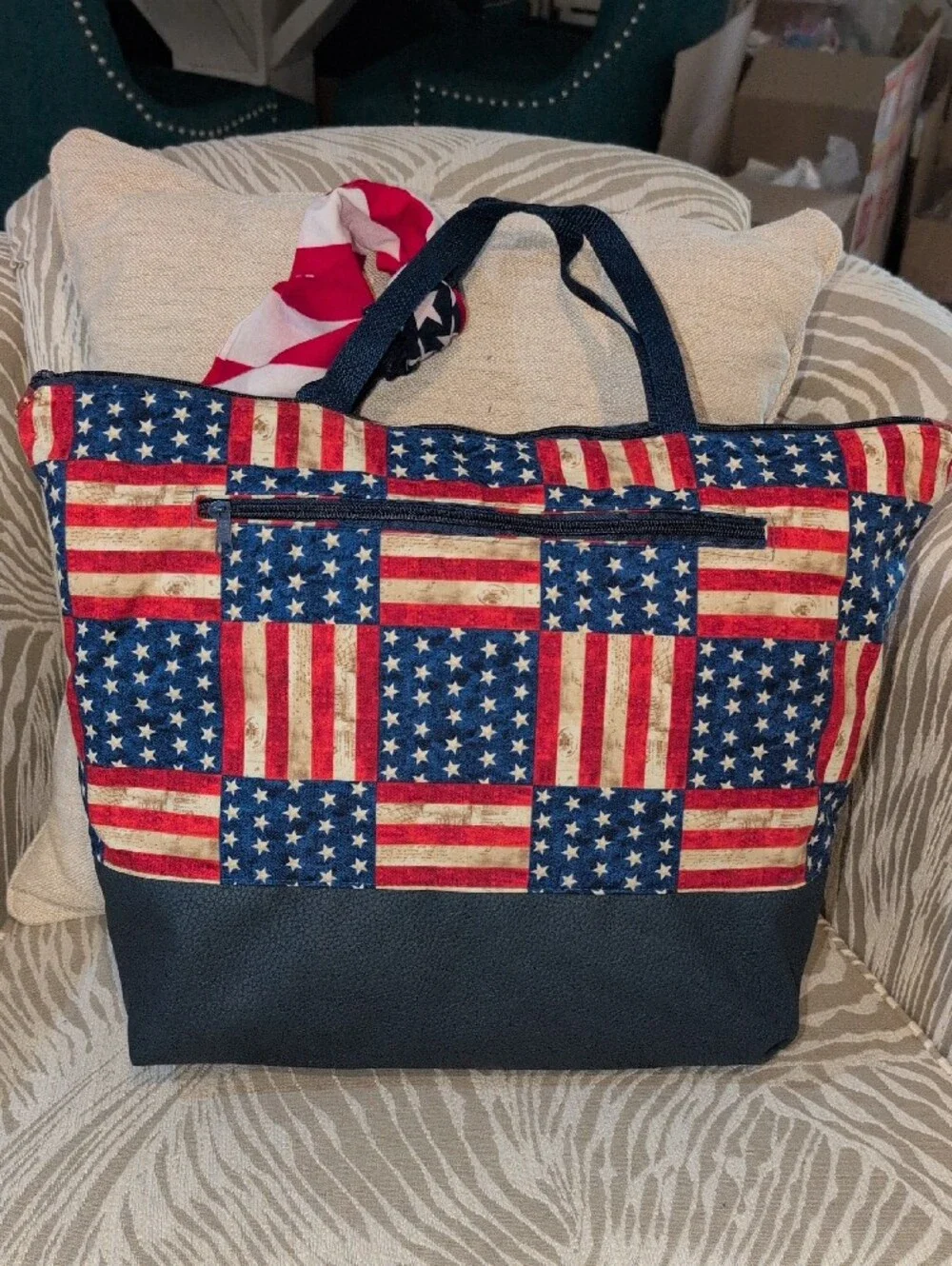 Large Patriotic American Flag Patchwork Bag With Red, White And Blue twilly